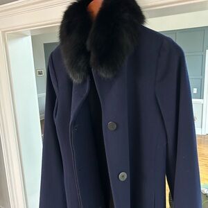 Elegant Navy Pea Coat with Black Fur Collar